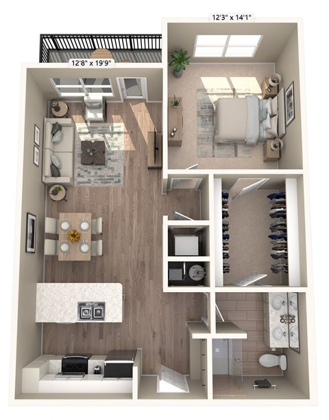 a 3d floor plan of a studio apartment